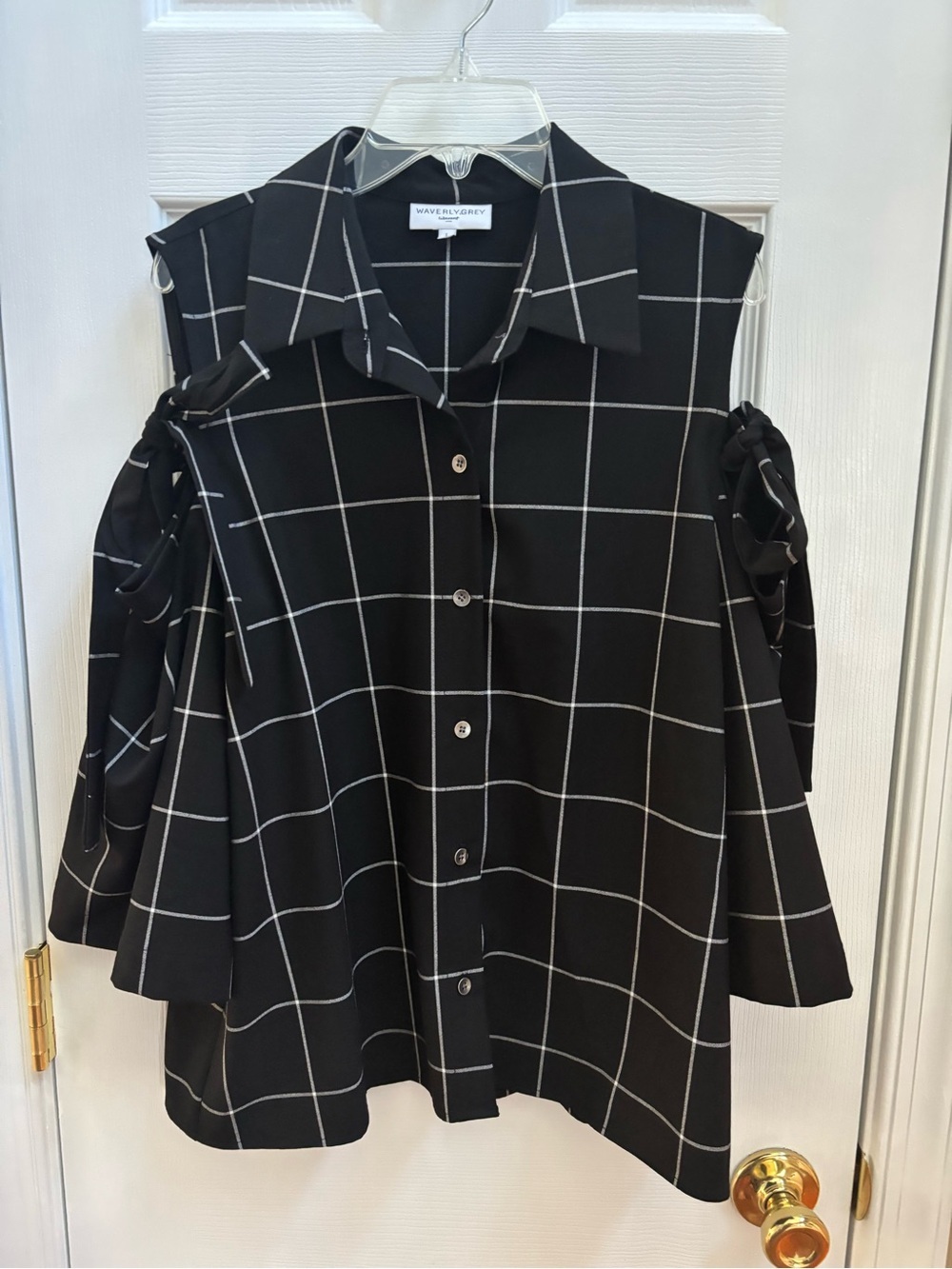 Waverly Grey Neiman Marcus Windowpane Cold-Shoulder Top w/ Bows, Size L, NWOT